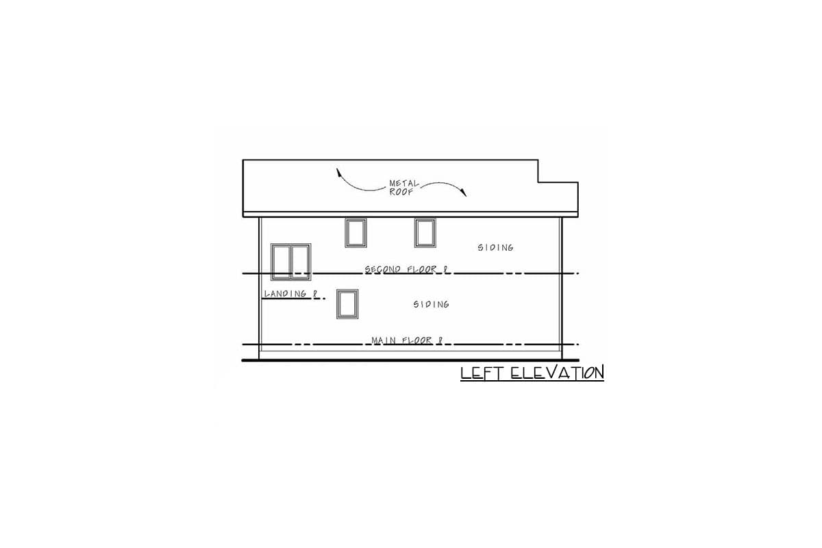 Left elevation house plan with metal roof, siding, and windows on main and second floors.