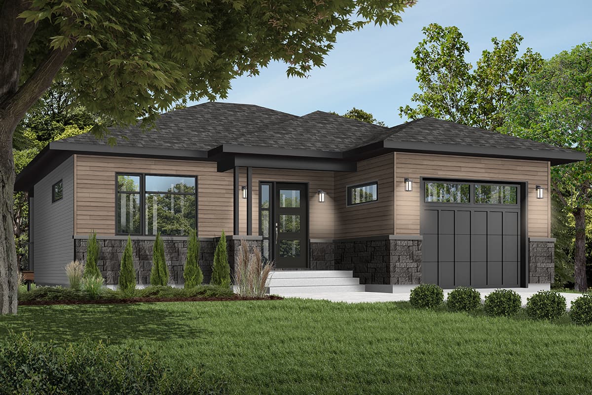 House plan exterior: Modern single-story home with wood siding, stone accents, covered entry, and attached garage.