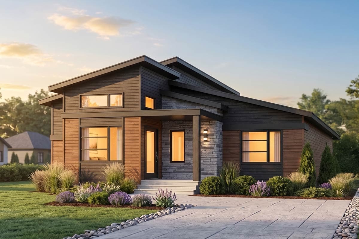 House plan exterior with modern design. Features wood siding, stone accents, and a low-slope roof. One-story home with a covered entry.
