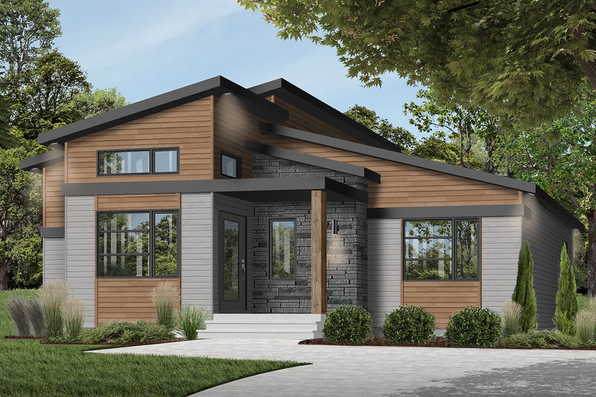 House plan exterior with modern design. Features wood siding, stone accents, and a low-slope roof. One-story home with a covered entry.