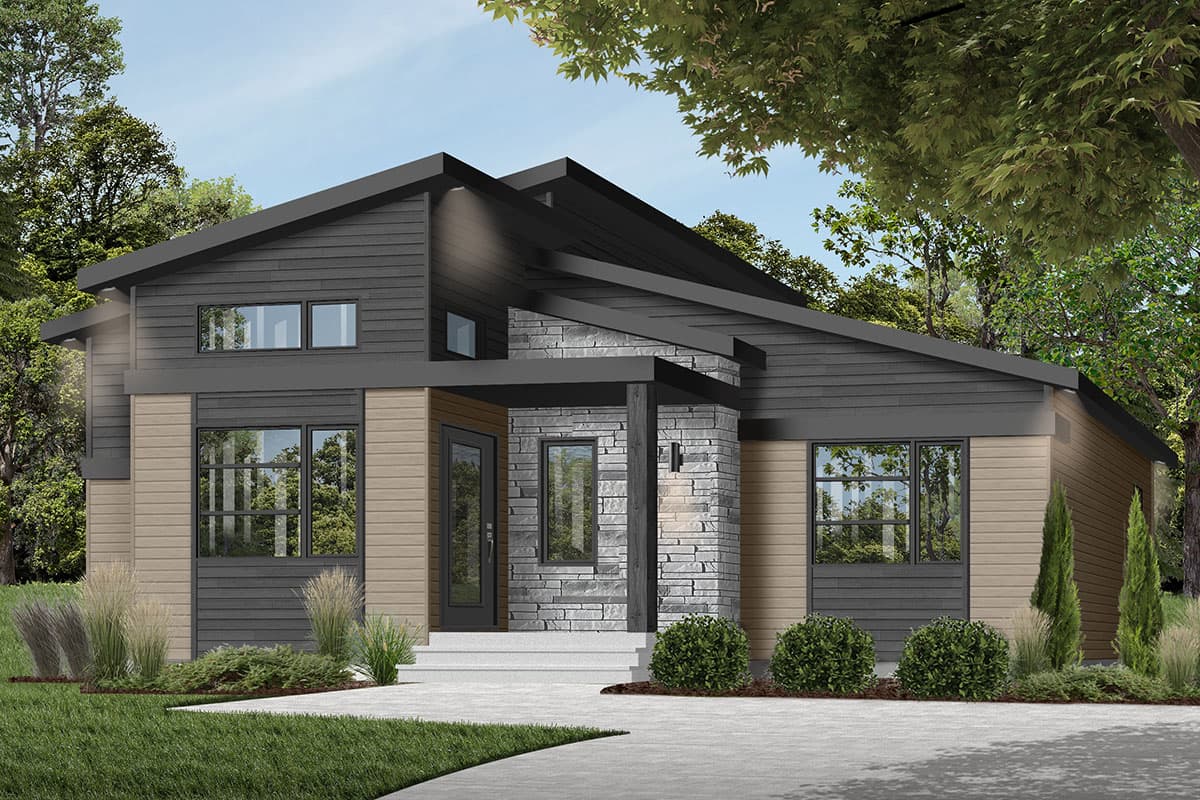 Modern house plan exterior with asymmetrical rooflines, stone and wood siding, and large windows.