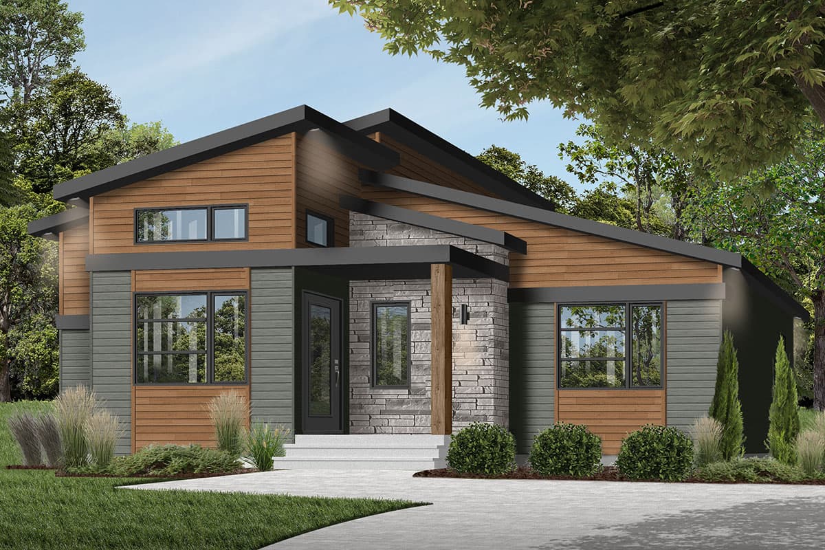 Modern house plan exterior, one story, with asymmetrical rooflines, wood and stone siding, and dark-framed windows.