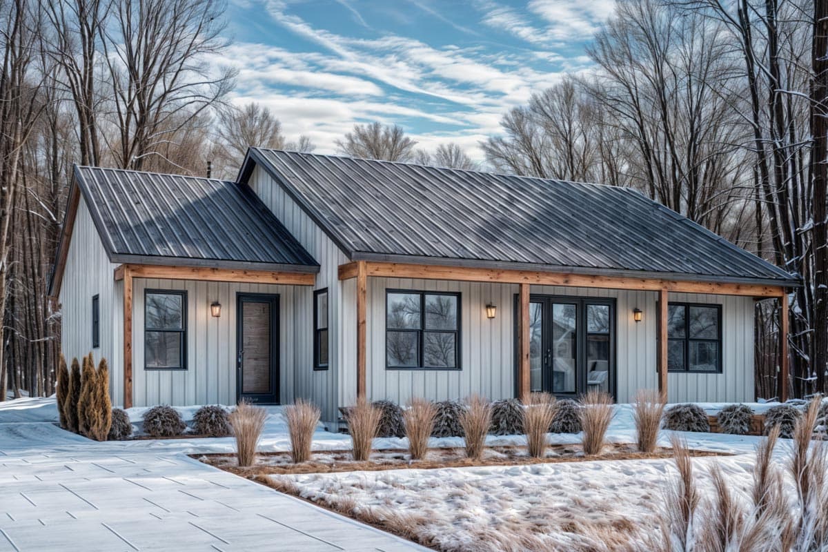 A modern, white-sided house with a dark metal roof. Winter landscape shows snow-covered ground and bare trees around the home's facade.