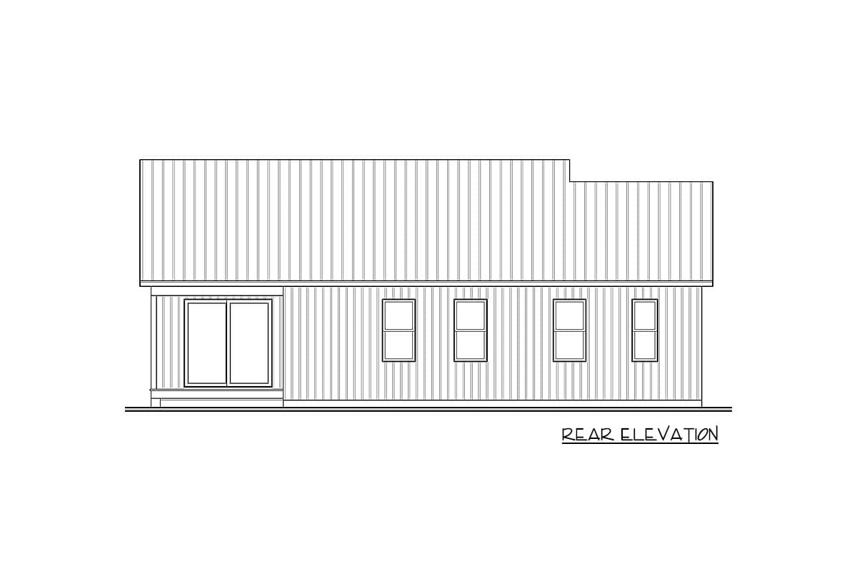 Rear elevation sketch of a building with a large corrugated roof and three windows set in a row. A sliding glass door is on the left.