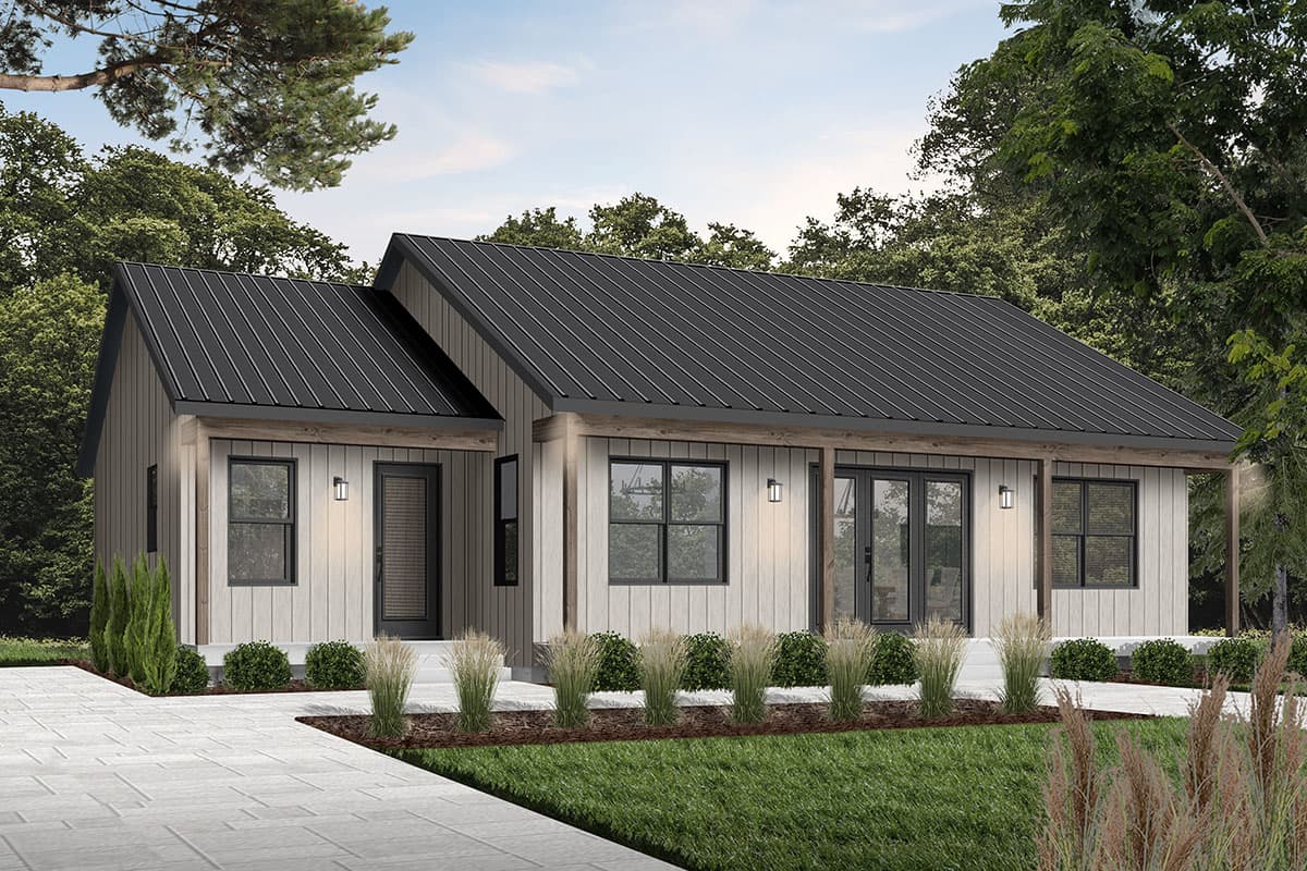 A modern, single-story house with a black metal roof, light-colored siding, and large windows. Landscaping features a stone path and lush greenery.