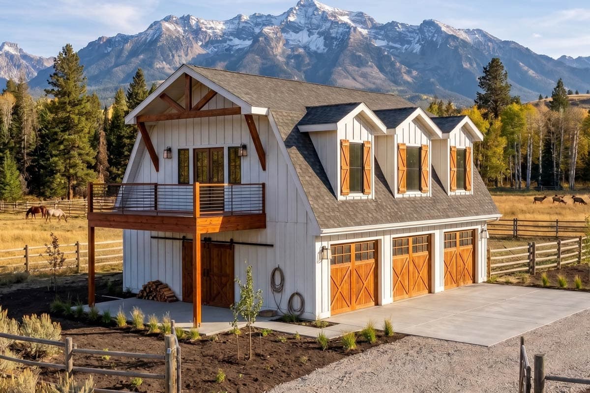 House plan exterior. Two-story barn-style structure with dormers, a balcony with a metal railing, and a three-car garage.