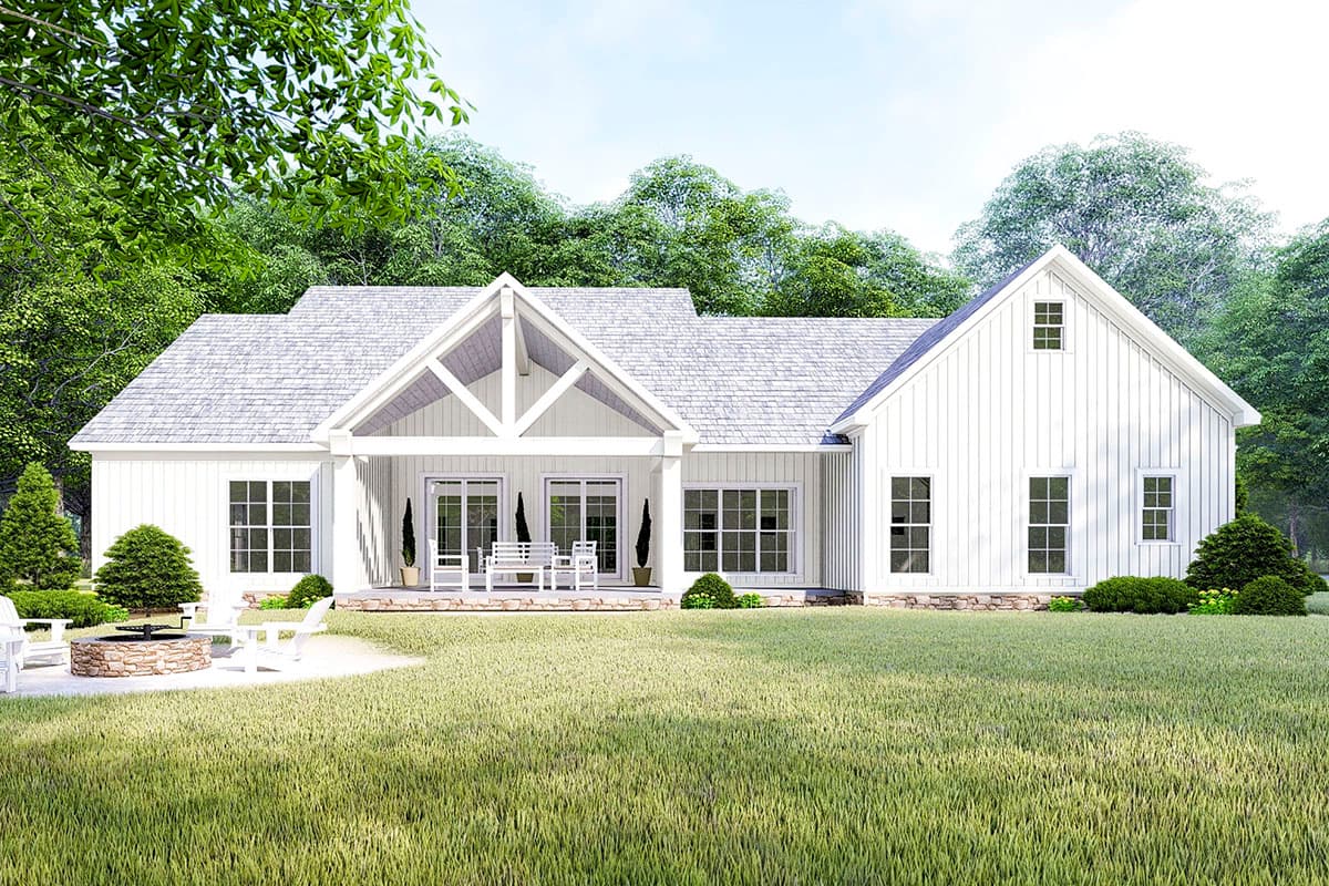 Modern Farmhouse style house plan exterior. One story with gabled roof, covered porch with exposed beams, and board and batten siding.