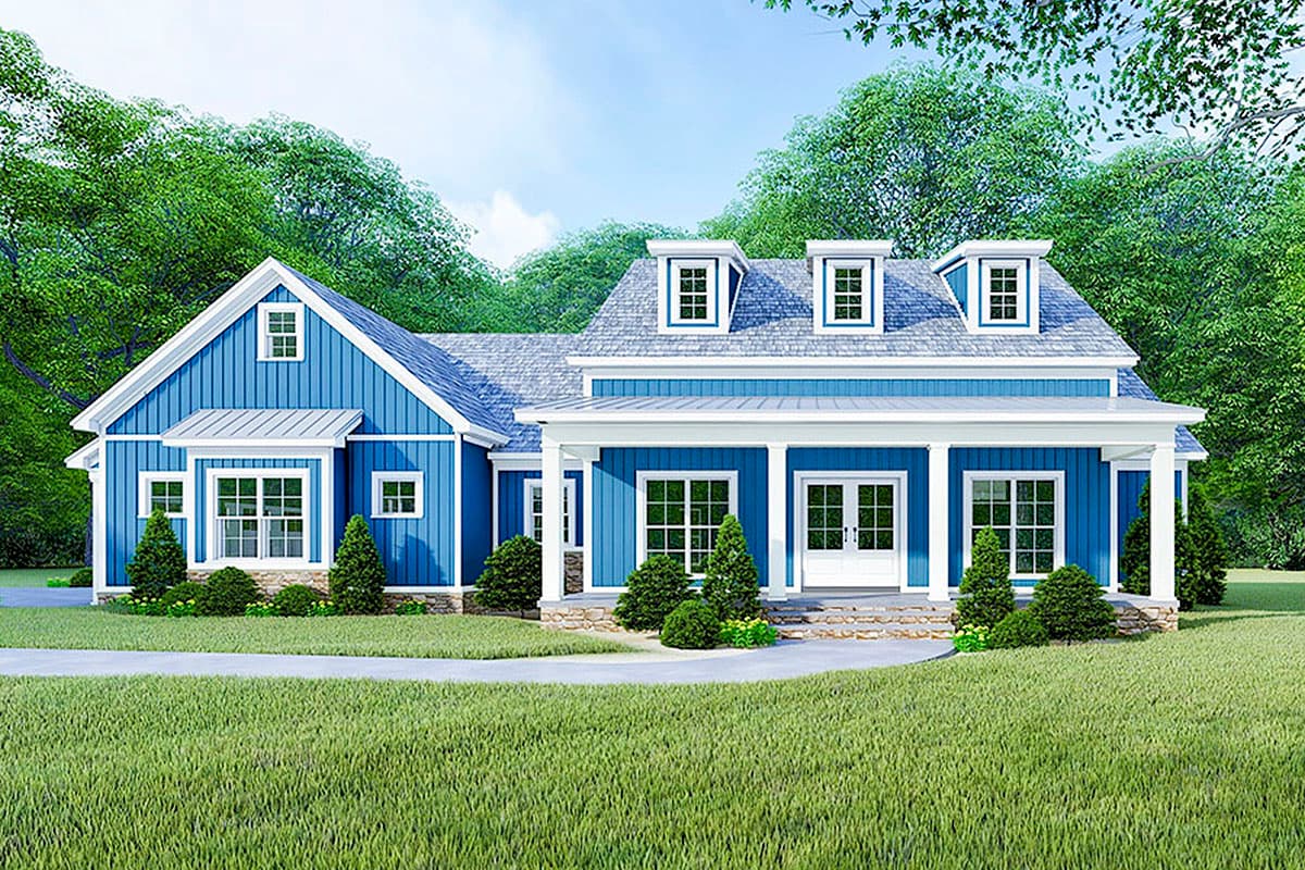 House plan exterior: Blue Craftsman style, one story with prominent covered porch, double front doors, and three dormers.