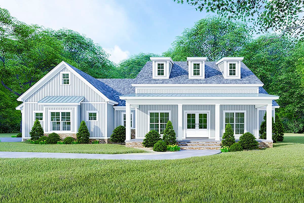 House plan exterior of a one-story home with gables, dormers, and a covered front porch with double doors.