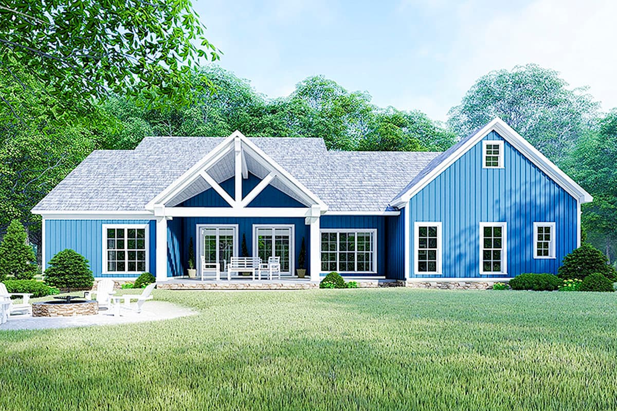 House plan exterior: Modern Farmhouse, one story, covered porch with exposed beams, gable, dormer, and multiple windows.
