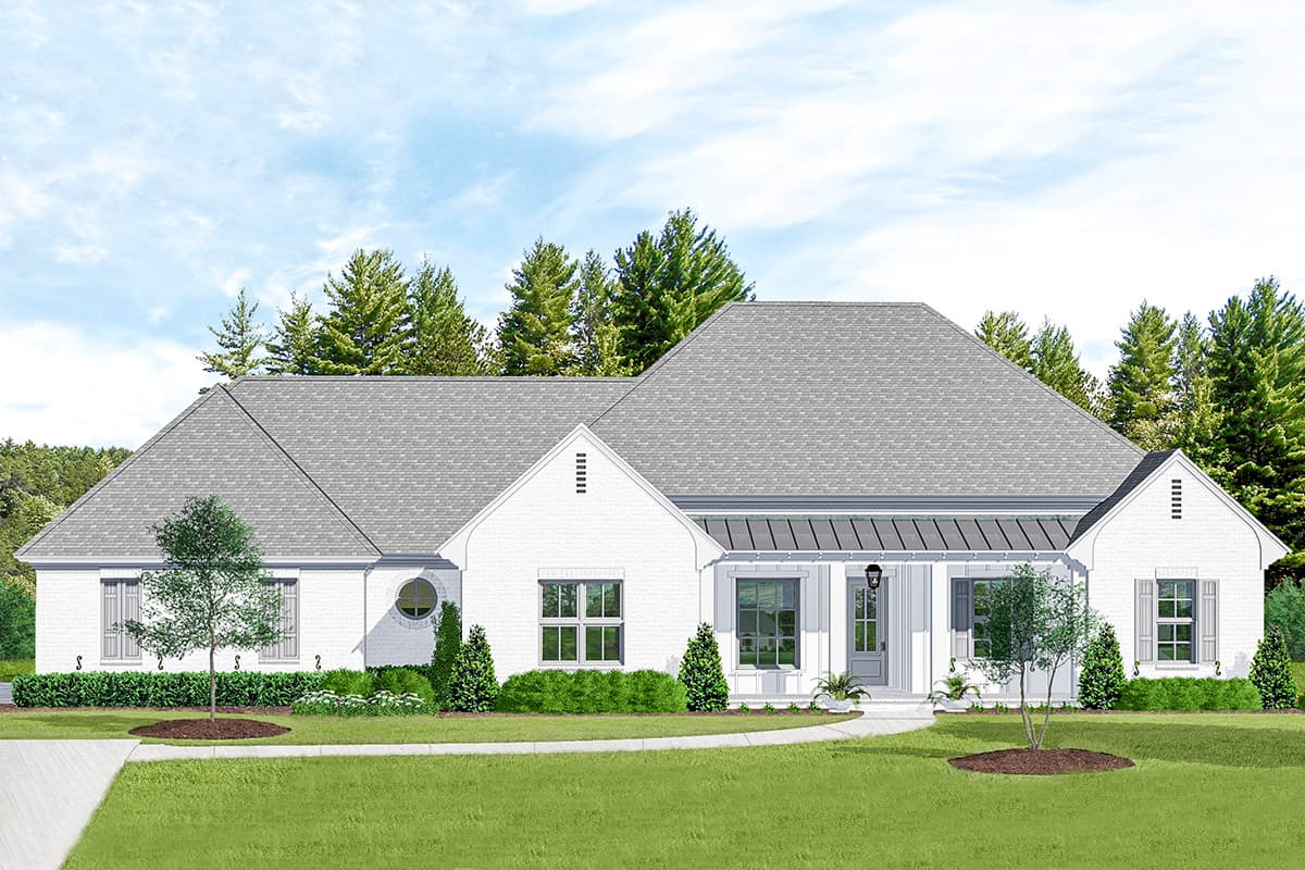 House plan exterior featuring a one-story, farmhouse-style design. Key features include a front porch, gables, and a prominent roofline.