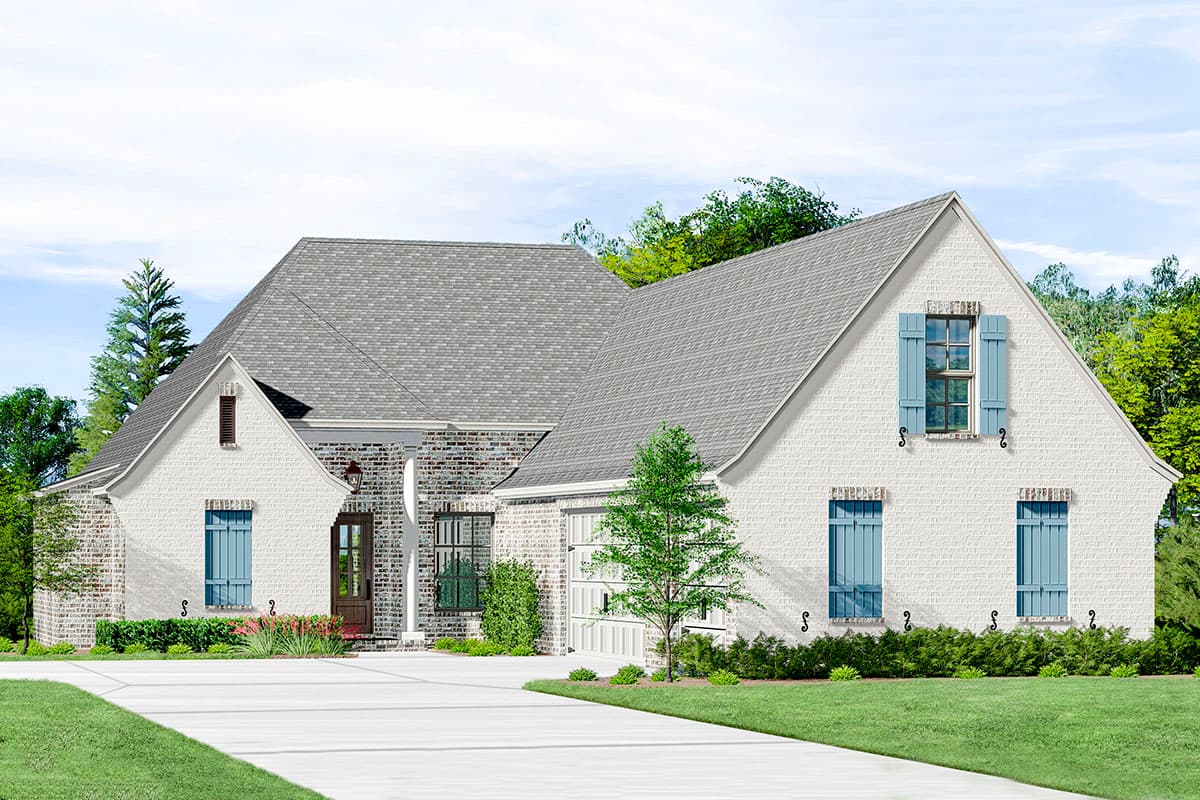 House plan exterior with two stories. Features include a gabled roof, brick accents, and a front-facing garage. Includes blue shutters.