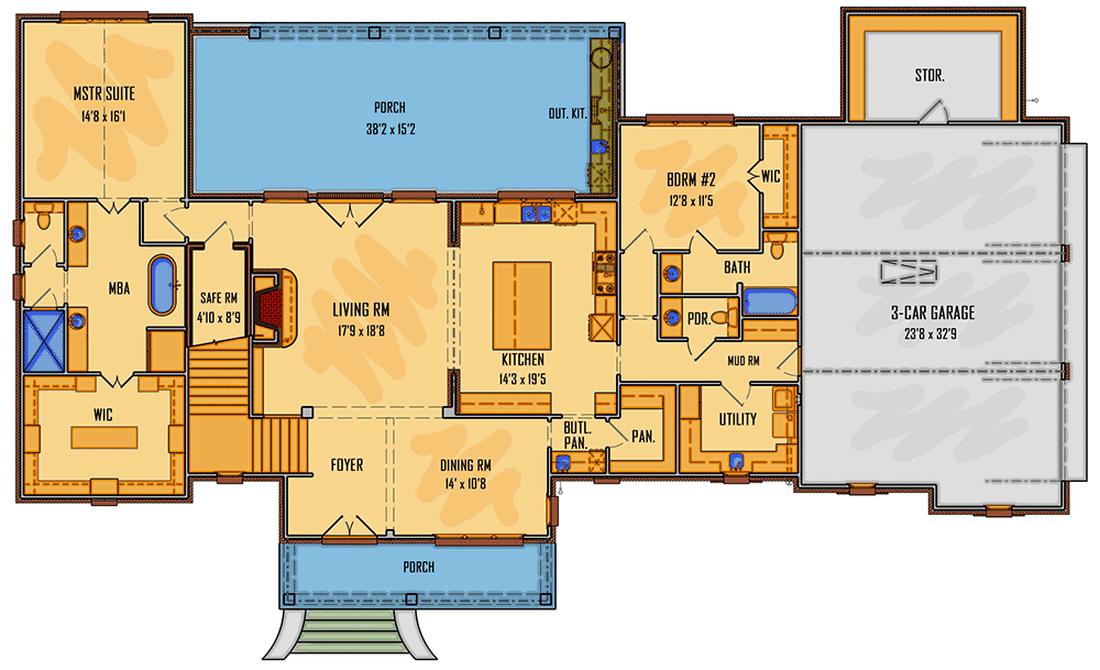 Plan 510087WDY: Two-Story French Country House Plan with Main-Floor Master - 3459 Sq Ft - Floor Plan - Main Level - Acadian, Contemporary, European, French Country, Louisiana-Style, Southern