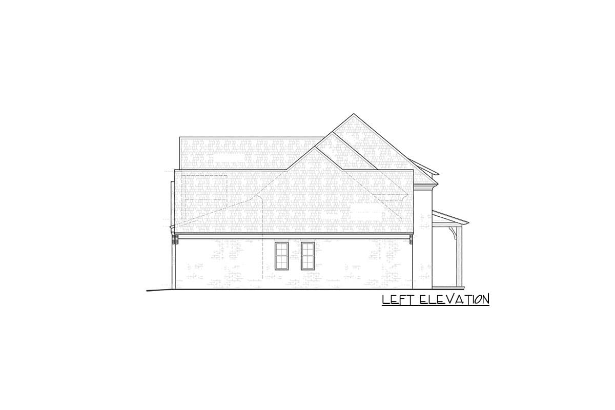 Left elevation drawing of a house plan featuring multiple gables, a brick facade, and a covered porch.