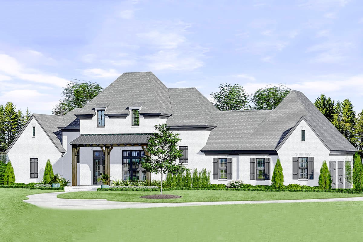 House plan exterior with a painted brick facade, multiple gables, a covered entryway with exposed wood beams, and dark shutters.