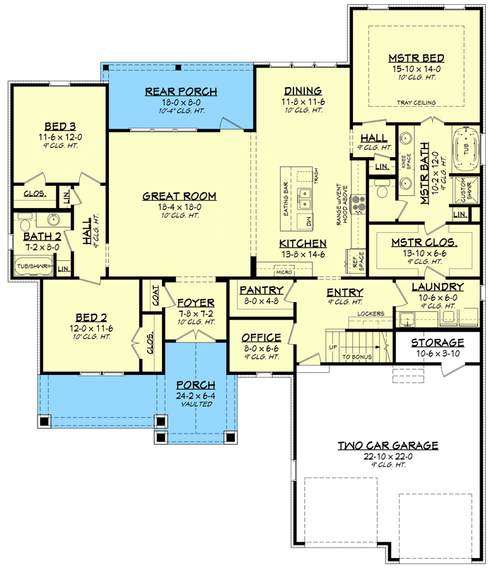 Plan 51803HZ: Split Bed Country Craftsman House Plan - 2074 Sq Ft - Floor Plan - Main Level - Country, Craftsman, Farmhouse, New American, Traditional