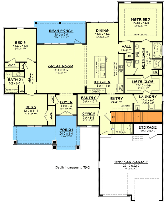 Plan 51803HZ: Split Bed Country Craftsman House Plan - 2074 Sq Ft - Floor Plan - Basement Stair Location - Country, Craftsman, Farmhouse, New American, Traditional
