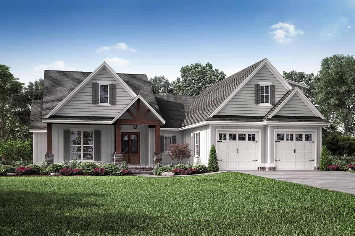 House plan exterior featuring a covered front porch with wood beams, gables, dormer window, and a three-car garage.