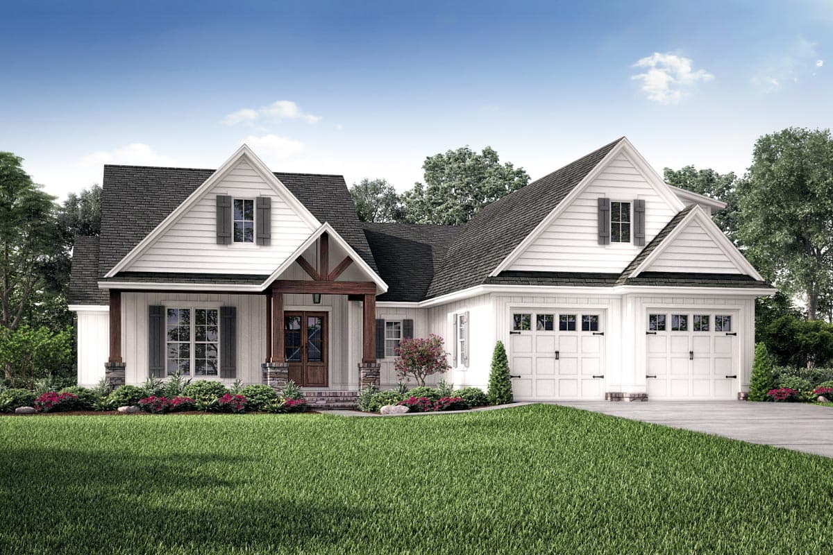 House plan exterior. Two-story Modern Farmhouse with gables, a covered porch with exposed beams, and a two-car garage.