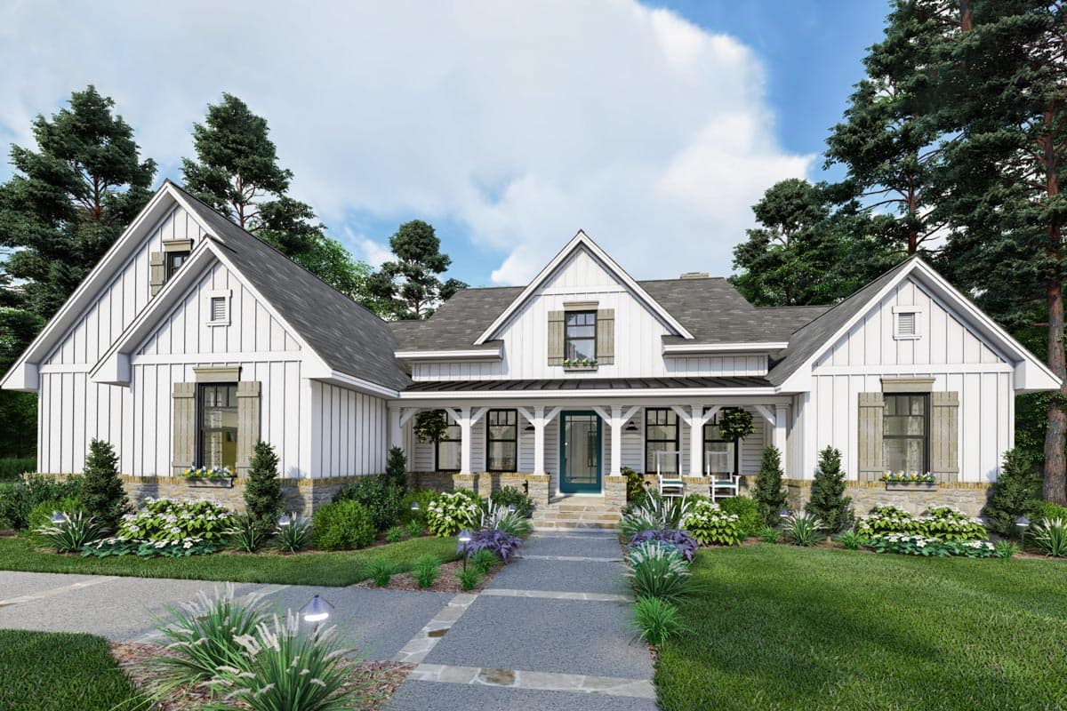 House plan exterior rendering. Modern Farmhouse style with two stories, gabled rooflines, a front porch, and decorative shutters.