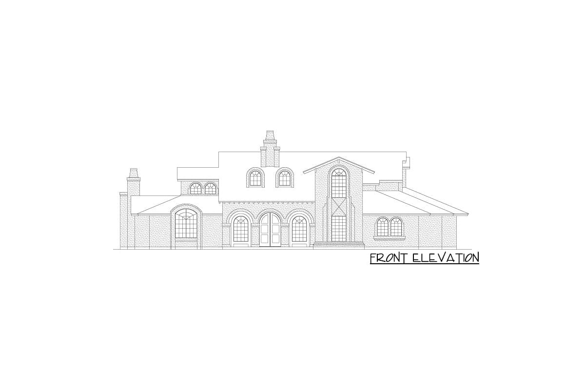 Front elevation drawing of a multi-story house plan with arched windows and doorways, multiple gables, and prominent chimneys.