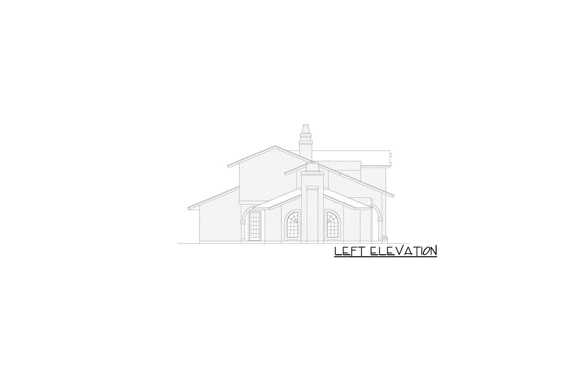 Left elevation drawing of a house plan with arched windows, a prominent chimney, and a multi-level roof.
