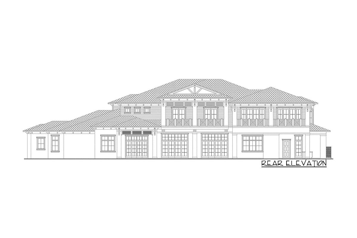 Rear elevation drawing of a two-story house plan with multiple gables, balconies, and large window banks.