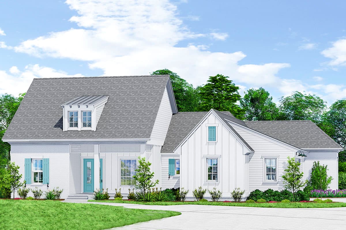 House plan exterior. Two-story Modern Farmhouse style with gabled roof, dormers, and front porch. Board and batten siding.