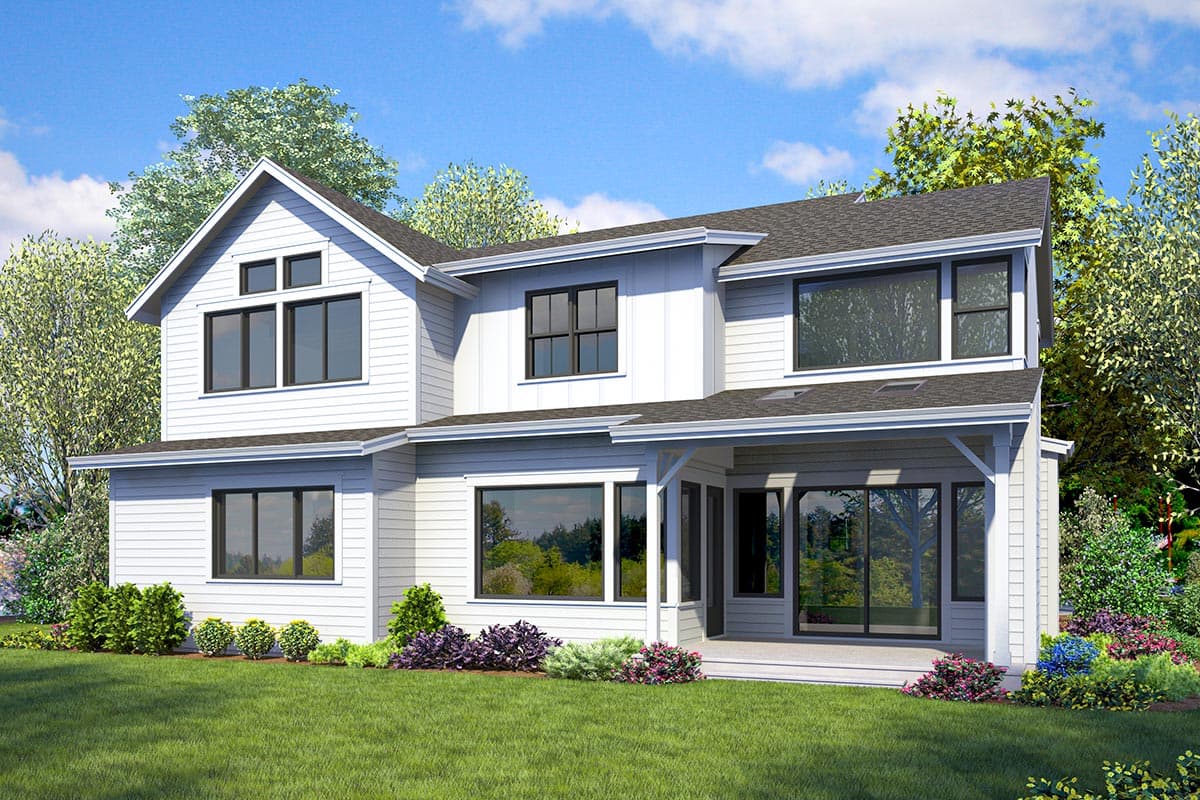 Modern Farmhouse house plan exterior with two stories, gable roof, board-and-batten siding, and covered porch.