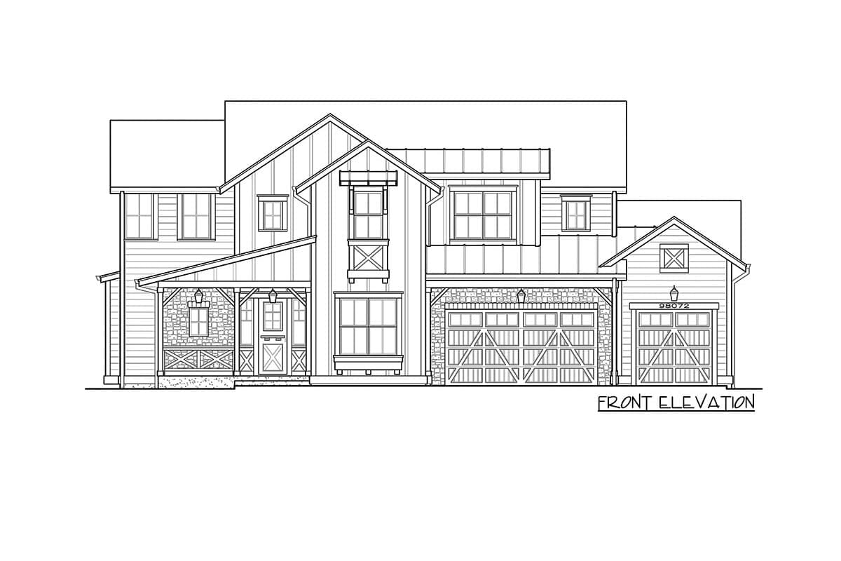 Front elevation house plan with a covered entry porch, stone accents, metal roof, and a three-car garage.
