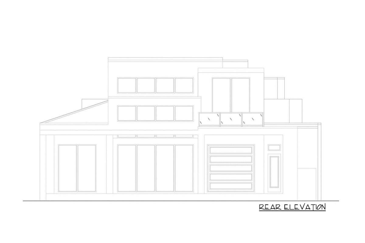 Rear elevation drawing of a multi-story house with a garage door, large windows, and a balcony.