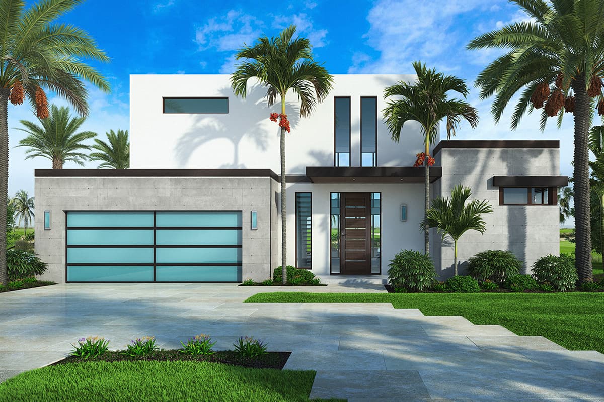 House plan exterior. Modern style, single story. Features include flat roof, concrete facade, and a glass-paneled garage door.