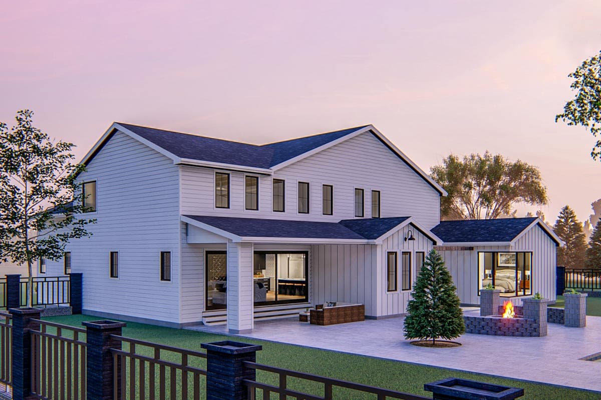 House plan exterior: two-story Modern Farmhouse with white siding, gables, dormers, covered patio, and attached garage.