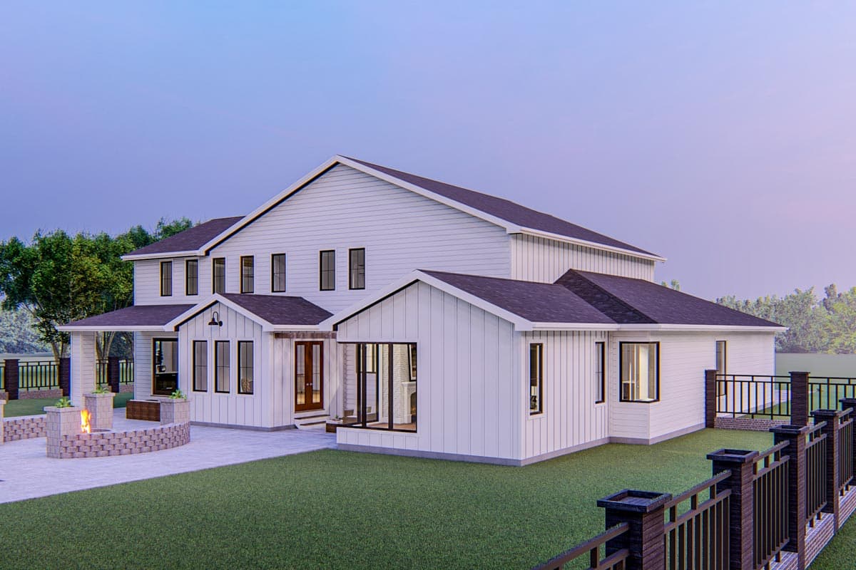 Modern Farmhouse house plan exterior with multiple gables, board-and-batten siding, and a covered porch.