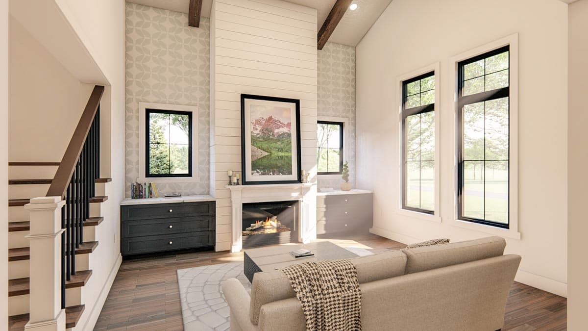Interior rendering: Great room with vaulted ceiling, wood beams, fireplace, and staircase.
