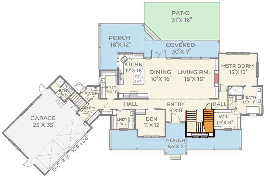 Plan 280038JWD: Beautiful 3-Bed Modern Farmhouse Plan with Angled Garage - 3216 Sq Ft - Floor Plan - Basement Stairs Location - Country, Farmhouse, Modern Farmhouse, New American