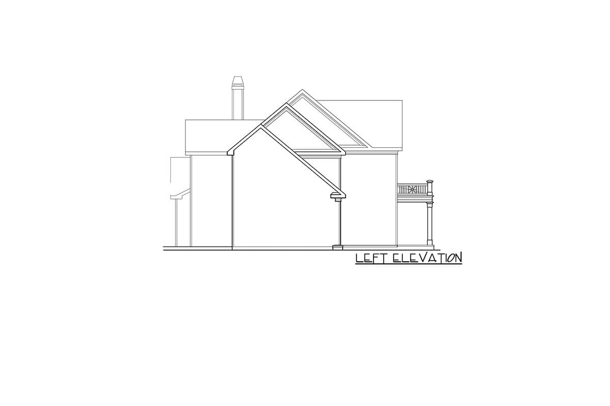 Left elevation drawing of a house plan showing a gabled roof, chimney, and covered porch with railing.