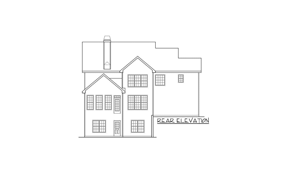 Rear elevation drawing of a house with multiple stories, a prominent chimney, and numerous windows.