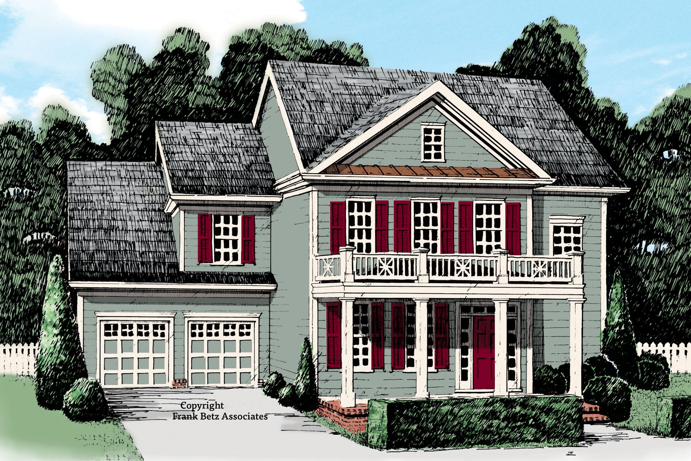 House plan exterior. Two-story Colonial style home with a front porch, balcony, and gabled roof. Includes a two-car garage.