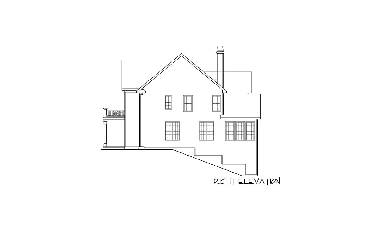 Right elevation drawing of a house plan with a covered balcony, multiple windows, and a prominent chimney.