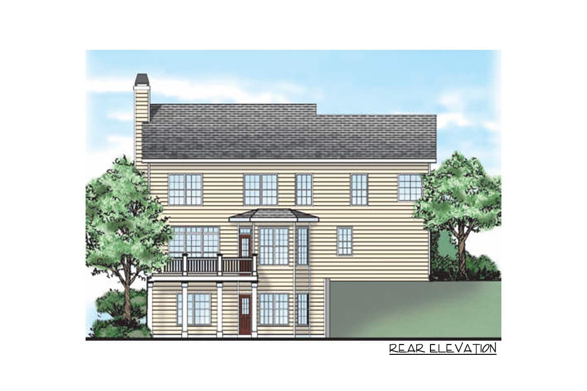 Rear elevation of a two-story house plan featuring a central dormer, balcony, and chimney.