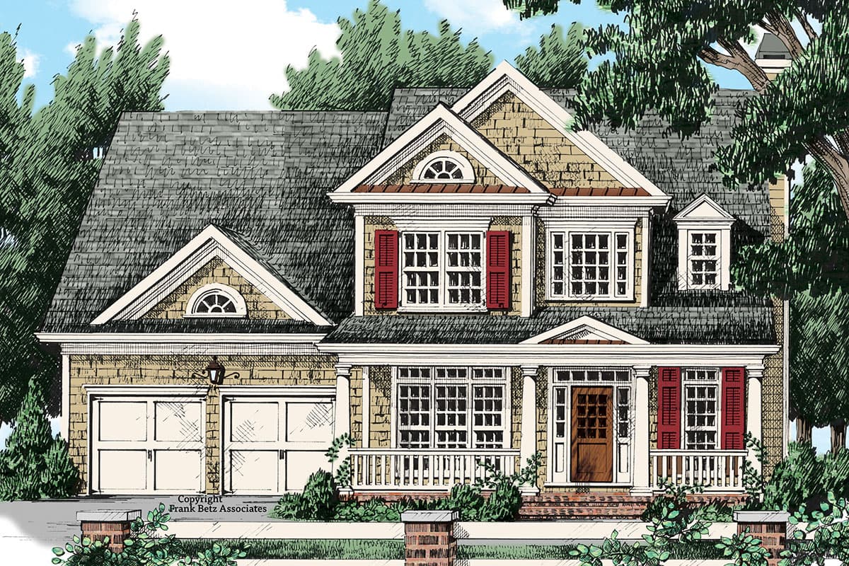 House plan exterior rendering. Two-story Colonial-style home with gables, a covered front porch, and a side-entry garage.
