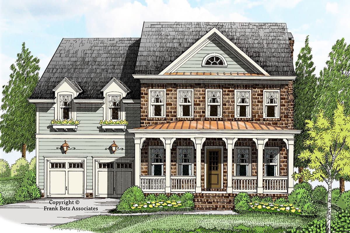 House plan exterior featuring a two-story design with a front porch, dormers, and gabled rooflines, plus a detached garage.