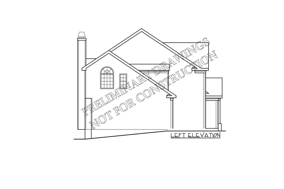 Left elevation house plan drawing shows a gabled roof, a chimney, and arched and rectangular windows.