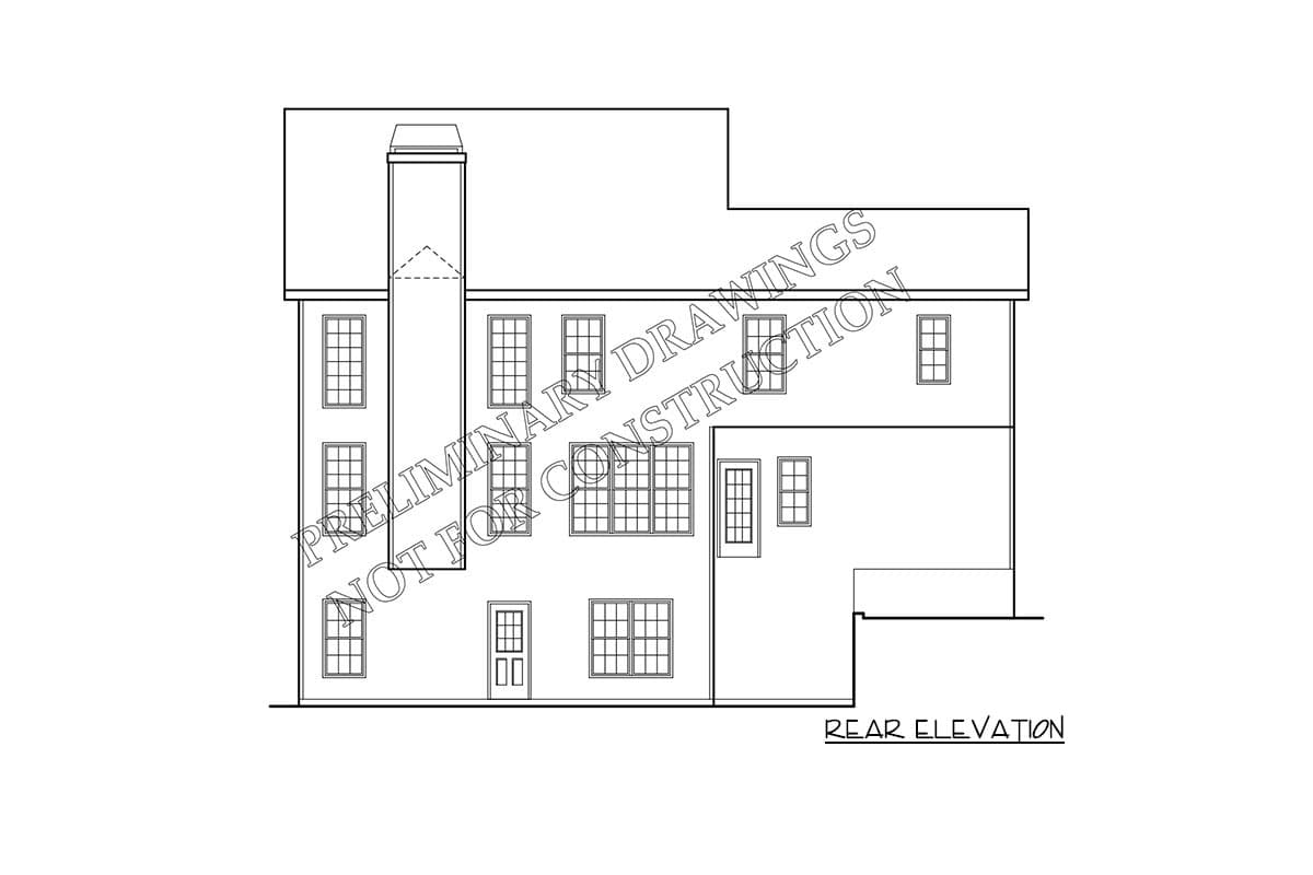 Rear elevation drawing of a two-story house plan, showing multiple windows and a prominent chimney.