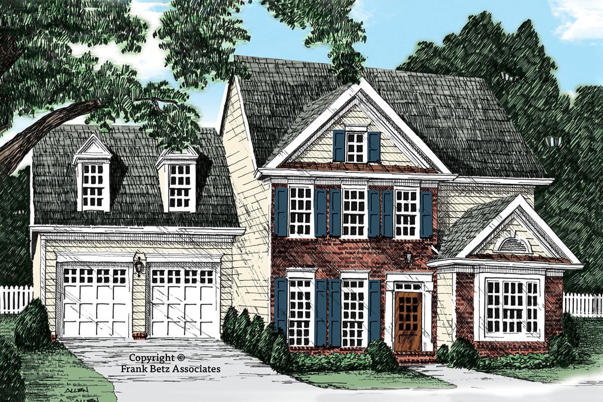 House plan exterior. Two-story Colonial-style home with a gabled roof, dormers, and a two-car garage. Features include a front porch and shutters.