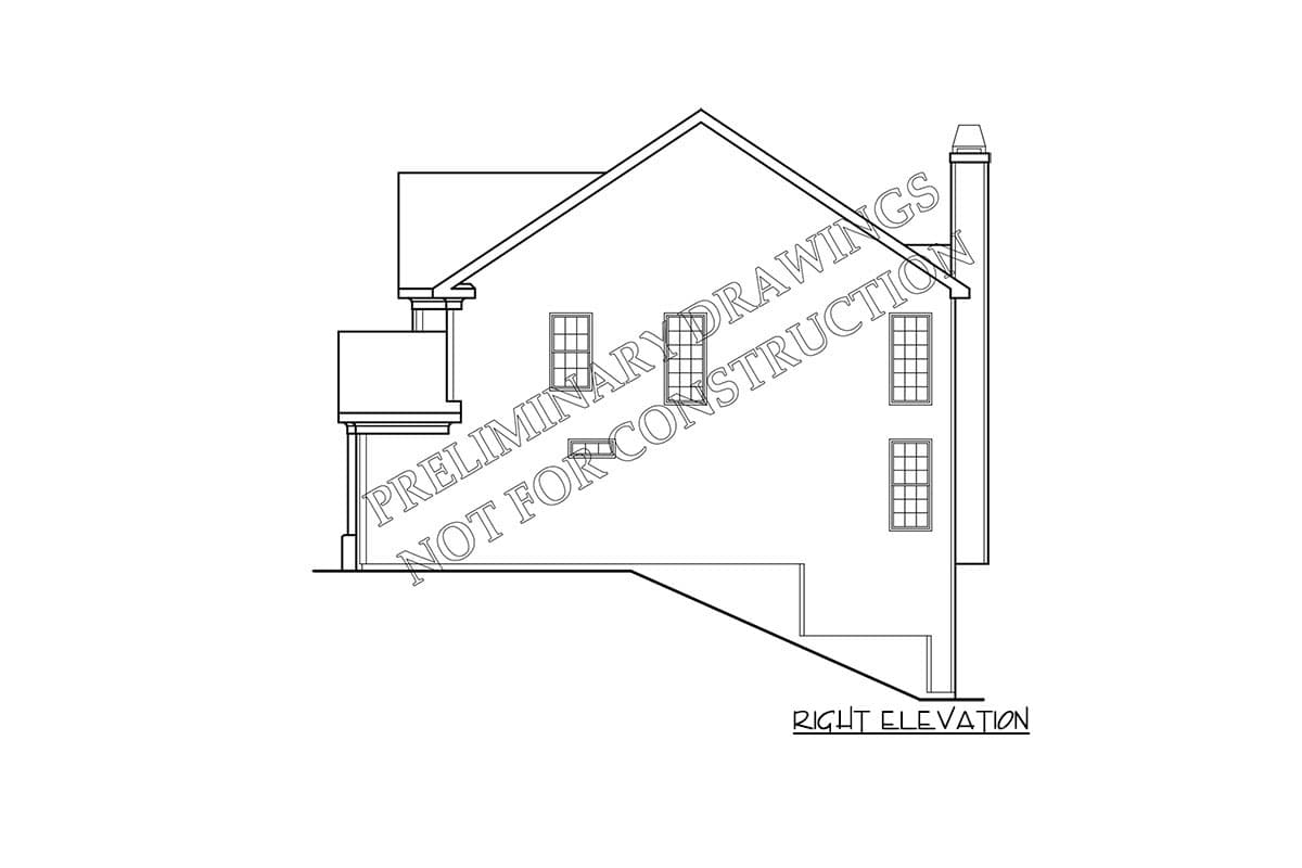 House plan right elevation drawing showing a chimney, several windows, and a projecting section with a balcony.