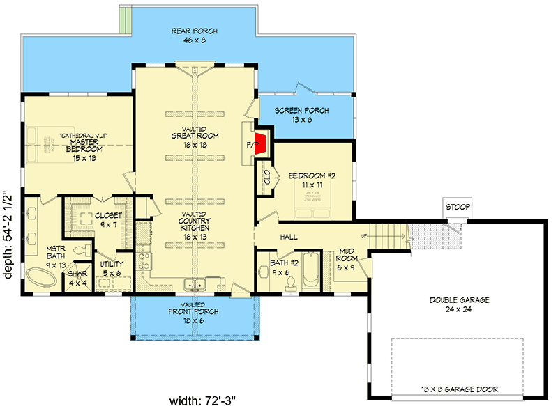 Plan 68616VR: 2-Bed Country Ranch Home with Bonus Above Garage - Floor Plan - Main Level - Country, Ranch