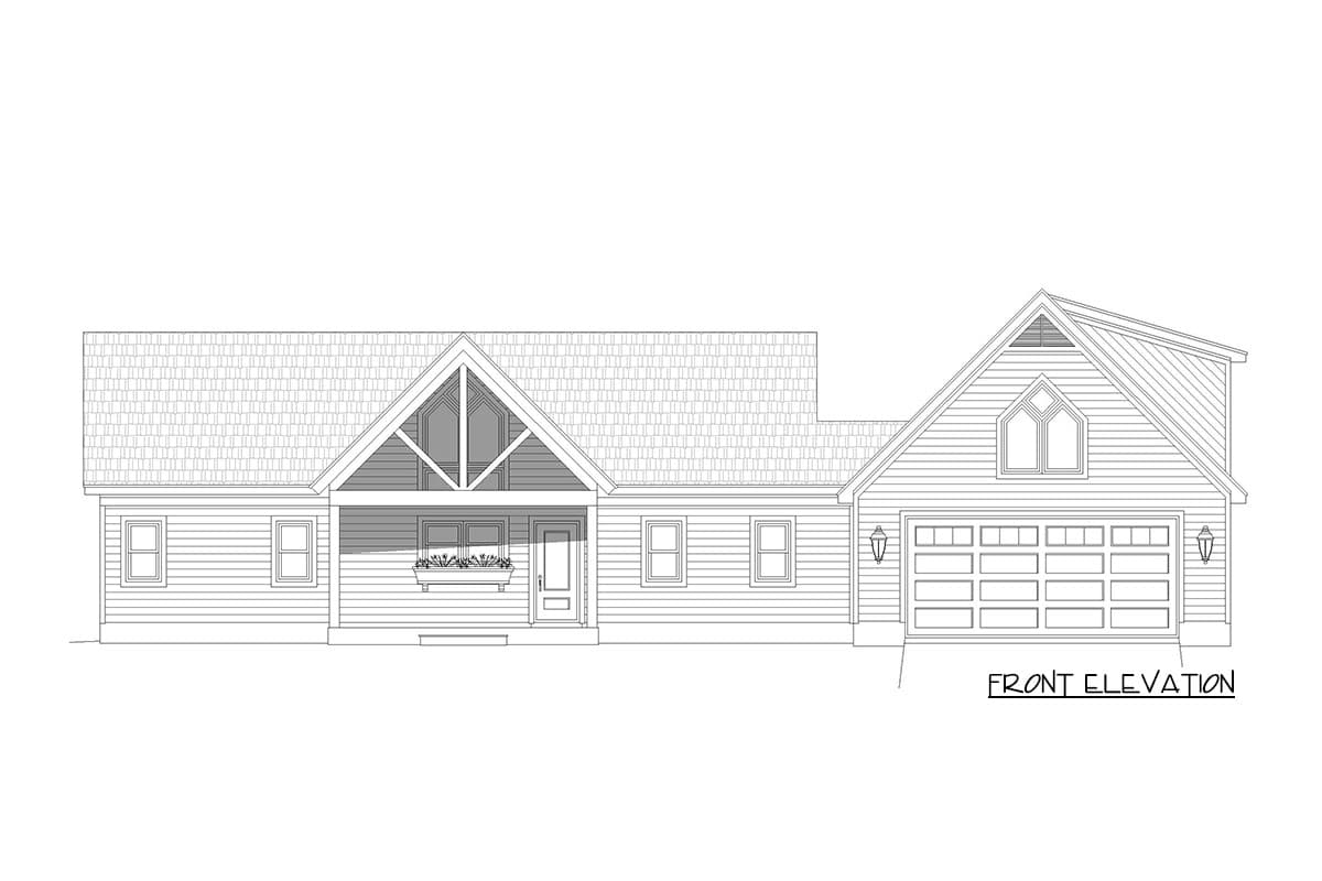 Front elevation of a house plan featuring a covered porch with exposed beams and a two-car garage with an arched window above.