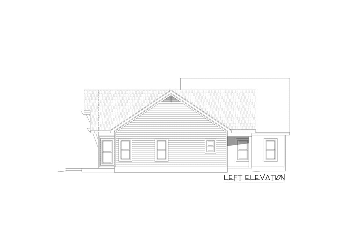 Left elevation house plan drawing showing a gabled roof, dormer, and siding.